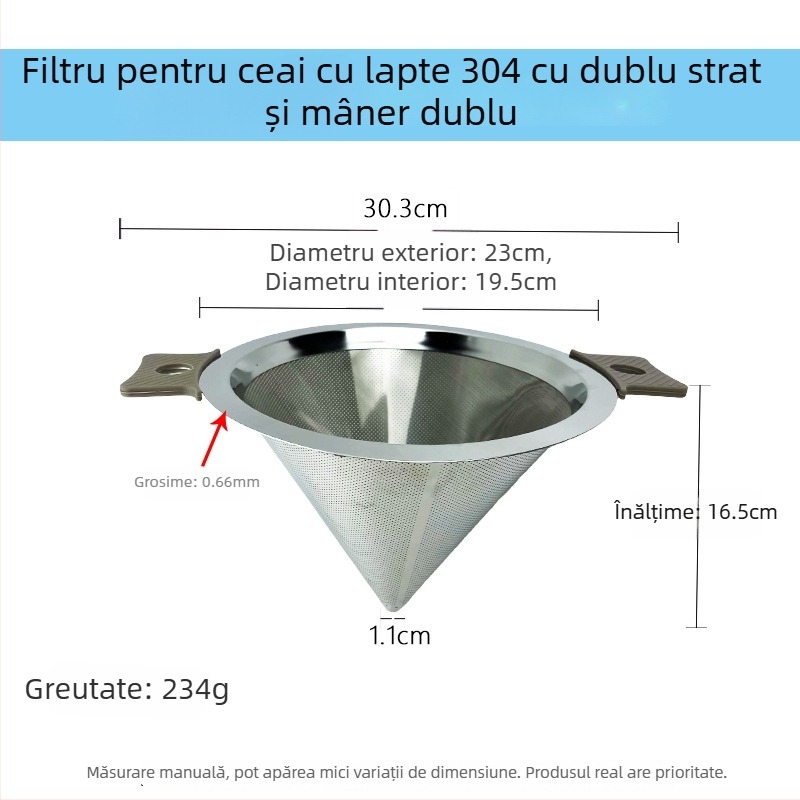 Filtru conic din oțel inoxidabil 304, plasă ultrafină cu trei straturi, pâlnie cu plasă dublă pentru ceai, filtrare lichior și vin