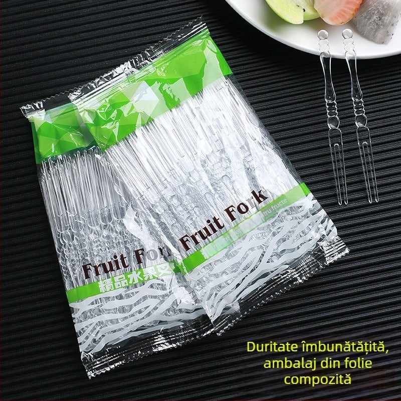 Furculițe de fructe din plastic, de unică folosință, transparente, ambalate individual