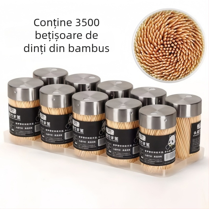 Recipient cu capac din oțel pentru scobitori, 350 scobitori din bambus, de unică folosință, de calitate alimentară, pentru hoteluri, restaurante și uz casnic, portabil