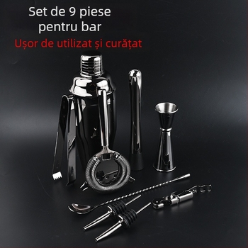 Set din oțel inoxidabil pentru bar – 9 piese: shaker pentru cocktailuri cu strecurător pentru gheață, clemă pentru gheață și ceșcuță de măsurare