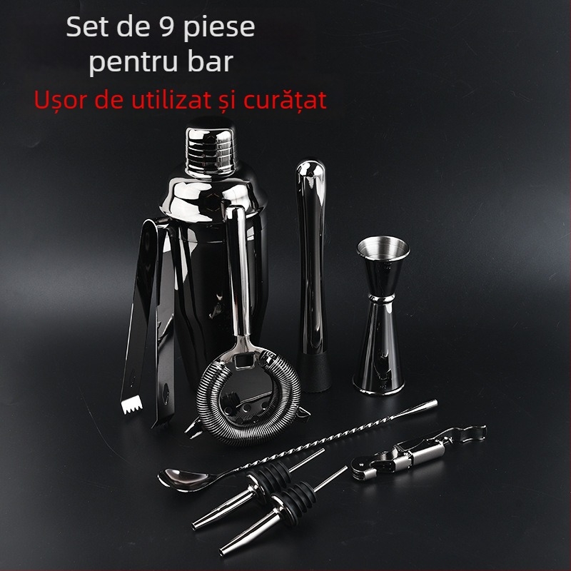 Set din oțel inoxidabil pentru bar – 9 piese: shaker pentru cocktailuri cu strecurător pentru gheață, clemă pentru gheață și ceșcuță de măsurare