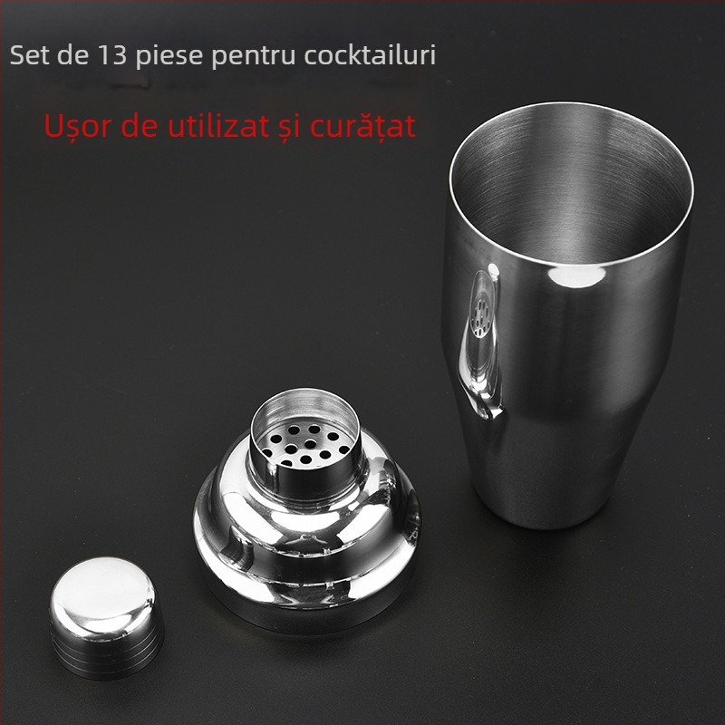 Set de cocktail din oțel inoxidabil, 13 piese, cu măsurătoare cu capete duble, deschizător de sticle și strecurător pentru gheață