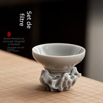 Set ceramic de filtrare ceai în stil japonez, glazură gri-înghețată, cu infuzor și filtru pentru frunze de ceai