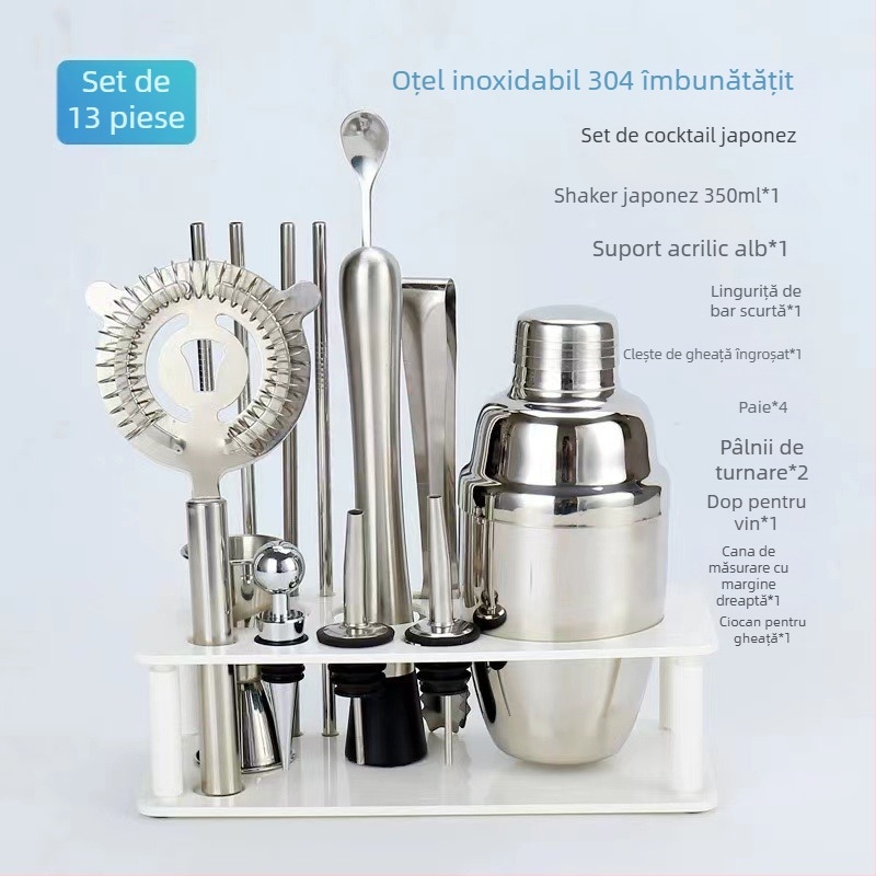 Set de 14 piese pentru cocktailuri, cu suport ABS, shaker din sticlă, strecurător de gheață și cuțit, furculiță și lingură