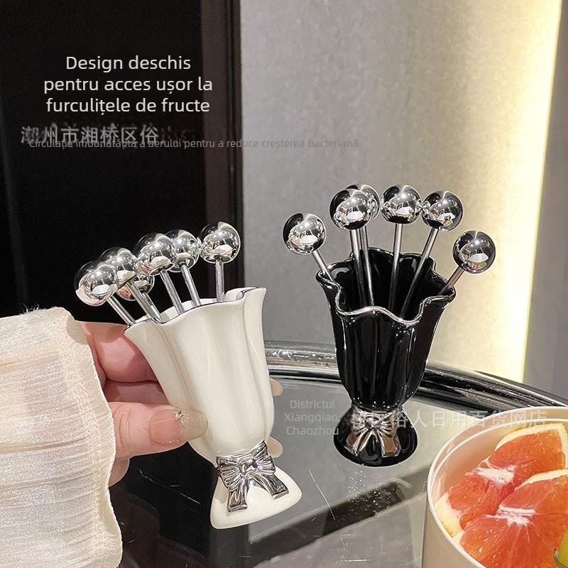 Set de furculițe de fructe din ceramică, cu suport cilindric, design rafinat pentru uz casnic