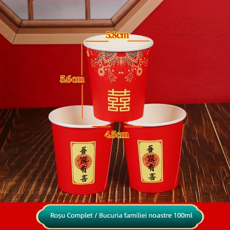 Pahar de nuntă din hârtie, o singură folosință, 100 ml, cu construcție îngroșată și simbol roșu Dublă Fericire pentru toast