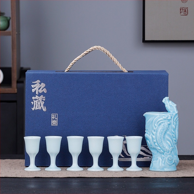 Set ceramic pentru unelte de vin, 8 piese, cutie cadou elegantă din porțelan, pahare de vin și dispozitiv de turnare
