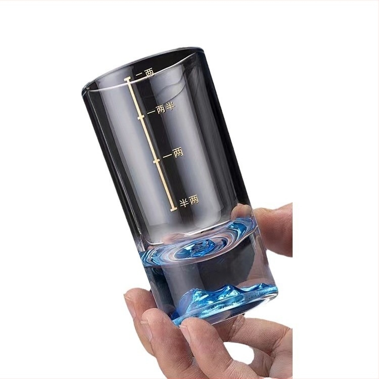 Blue Mountain set din sticlă cristal cu scară de măsurare, 2 piese, pahare elegante pentru băuturi spirtoase