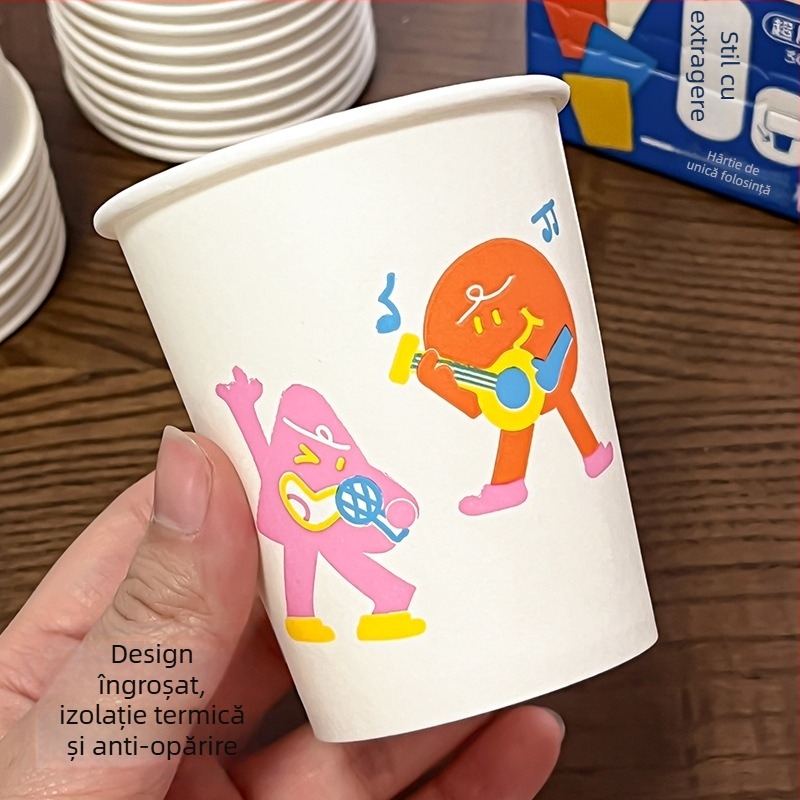 Pahar de unică folosință din hârtie laminată, cu design suspendat și funcție de glisare, model desen animat, protecție împotriva prafului, potrivit pentru băuturi