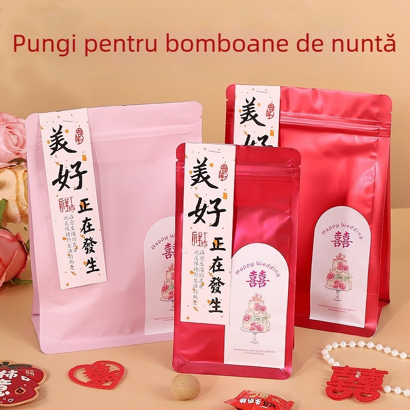 Pungi pentru bomboane de nuntă, sigilate automat, pentru nunți și evenimente fericite, în mai multe dimensiuni, compatibile cu autocolante și ambalaje din carton pentru bomboane