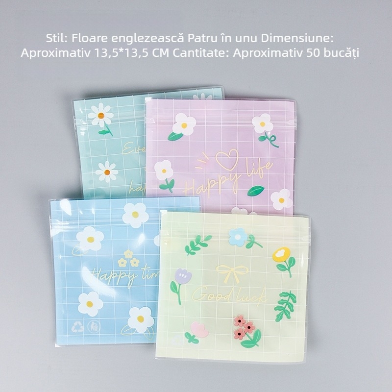 Pungi autoadezive cu fermoar pentru biscuiți și gustări, design cu desene animate, flori și fulgi de zăpadă