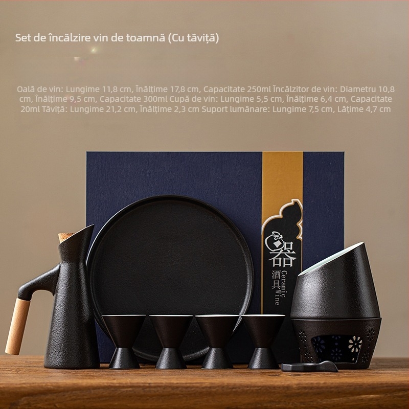 Set încălzitor de vin din ceramică neagră, stil japonez, cupe de ceramică pentru băuturi spirtoase – design antic