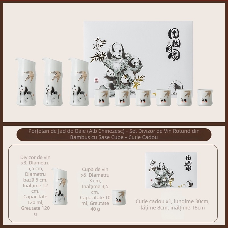 Set cadou pentru vin din porțelan jad Dehua, în formă de bambus: distribuitor de vin și pahare