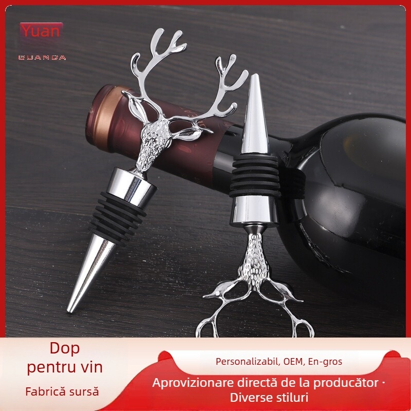 Dop pentru sticla de vin, cu cap de cerb, din aliaj zinc-aluminiu, finisaj auriu și argintiu, pentru uz casnic