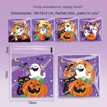 Pungi auto-închis OPP pentru ambalarea bomboanelor și fursecurilor, cu design Halloween — Happy Ghost 4-in-1, Pumpkin Cat 4-in-1, Happy Castle 4-in-1