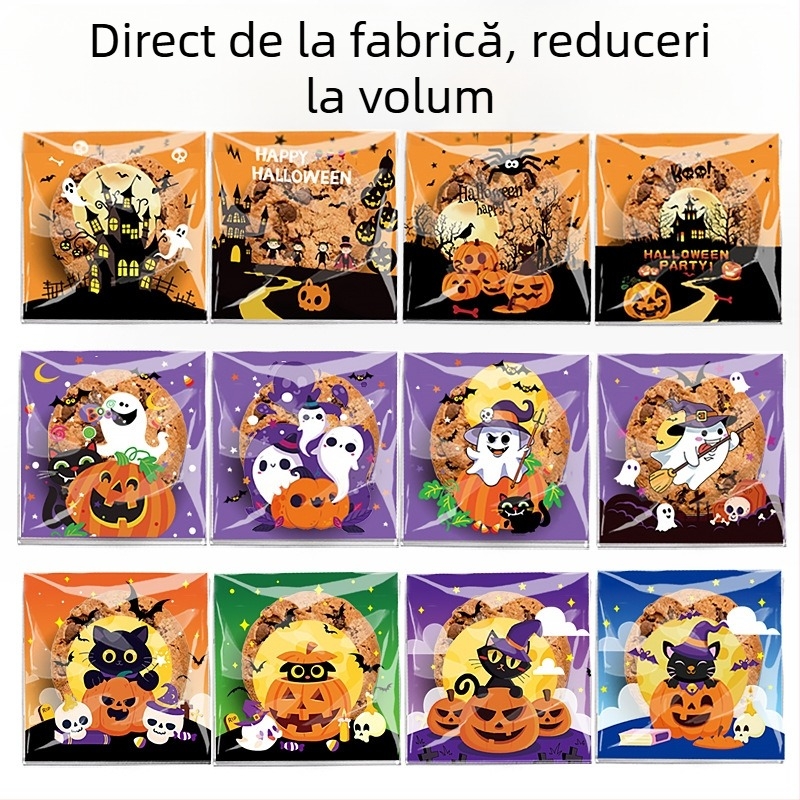 Pungi auto-închis OPP pentru ambalarea bomboanelor și fursecurilor, cu design Halloween — Happy Ghost 4-in-1, Pumpkin Cat 4-in-1, Happy Castle 4-in-1
