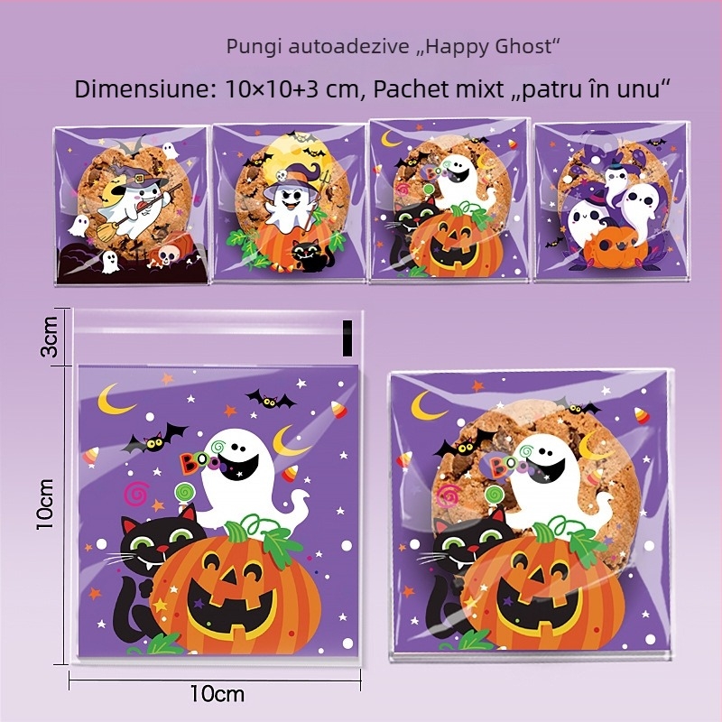 Pungi auto-închis OPP pentru ambalarea bomboanelor și fursecurilor, cu design Halloween — Happy Ghost 4-in-1, Pumpkin Cat 4-in-1, Happy Castle 4-in-1
