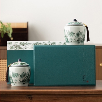 Cutie cadou din ceramică pentru ceai în stil chinezesc minimalist, cu două recipiente, cutie goală de ambalaj pentru ceai negru, ambalaj premium pentru ceai
