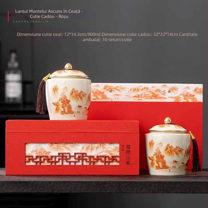 Cutie cadou din ceramică pentru ceai în stil chinezesc minimalist, cu două recipiente, cutie goală de ambalaj pentru ceai negru, ambalaj premium pentru ceai