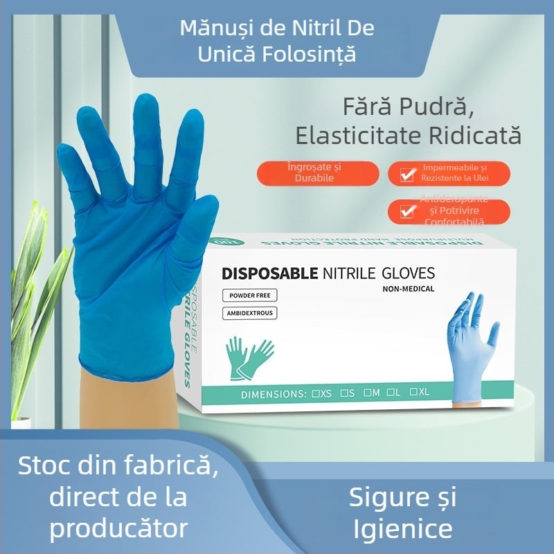 Mănuși de nitril, de unică folosință, pentru laborator, protecție chimică, reparații auto și utilizări industriale.