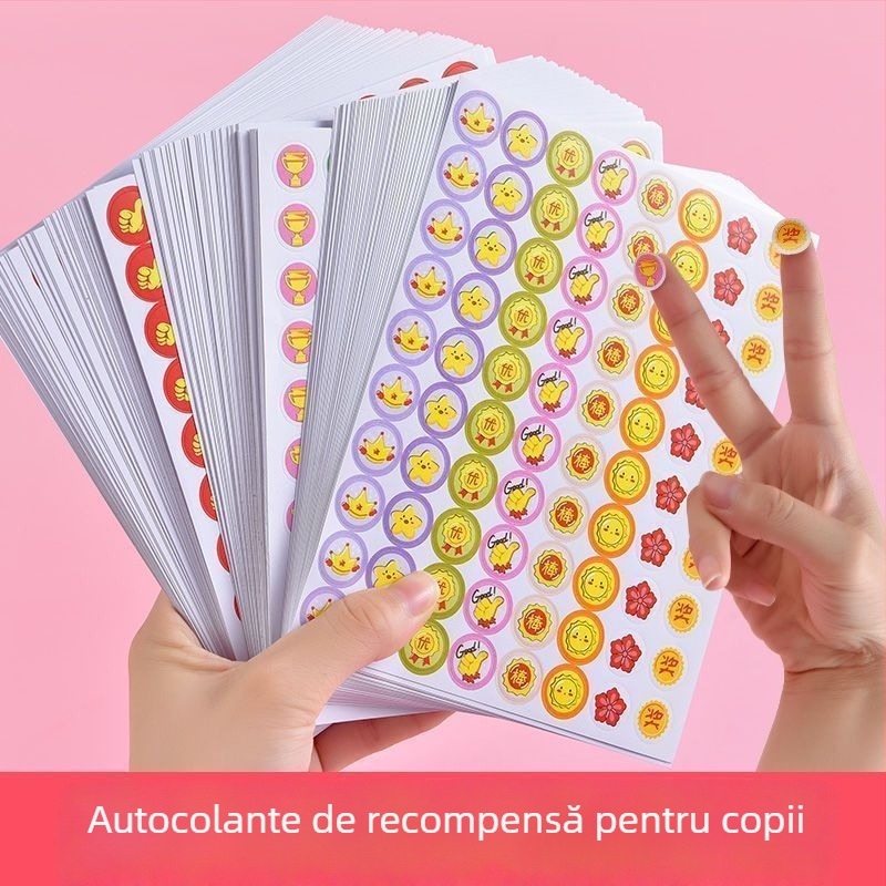 Etichete de recompensă pentru copii: pentru grădiniță și teme, cu flori roșii mici și un deget mare în semn de aprobare