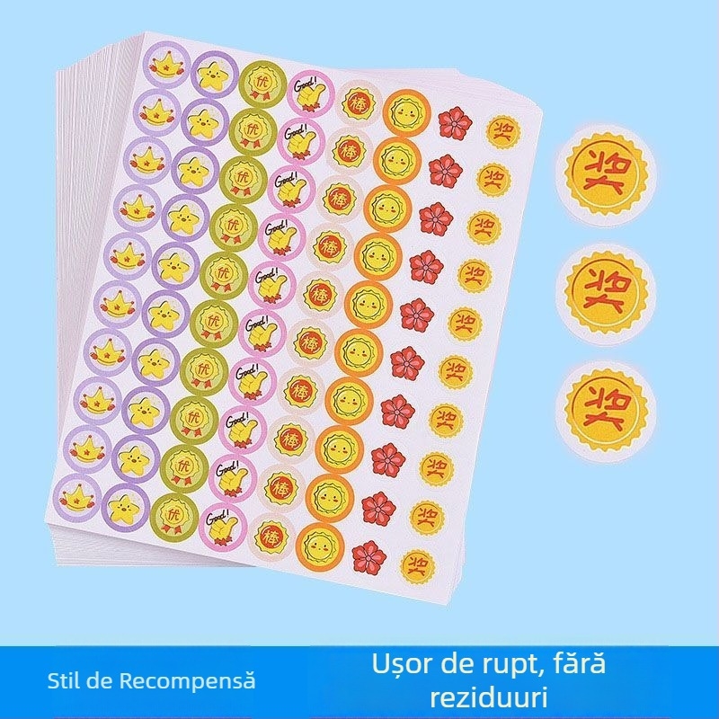 Etichete de recompensă pentru copii: pentru grădiniță și teme, cu flori roșii mici și un deget mare în semn de aprobare