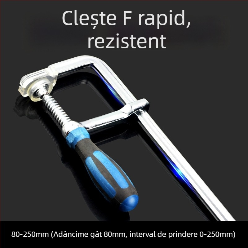 Clește F robust pentru tâmplărie, cu mecanism de fixare, formă G; clemă rapidă pentru plăci, panouri și matrițe