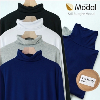 Tricou bărbătesc din modal, subțire, cu mânecă lungă și guler înalt, strat de bază pentru toamnă