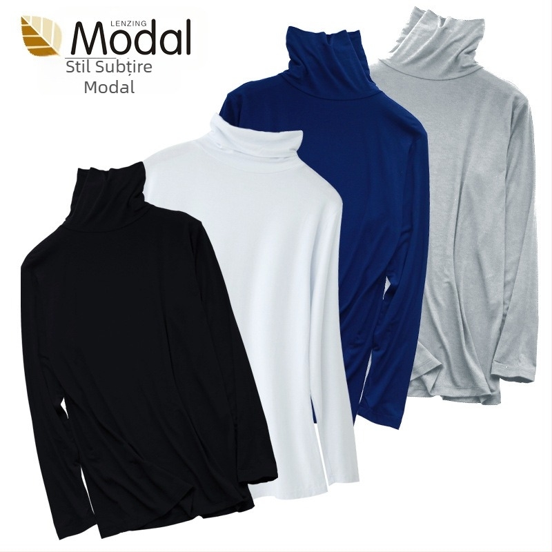 Tricou bărbătesc din modal, subțire, cu mânecă lungă și guler înalt, strat de bază pentru toamnă