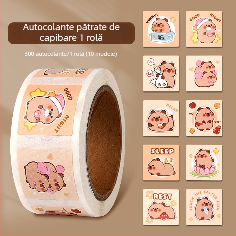 Stickere Capybara — aderență ridicată, fără reziduuri, pentru caietele școlare ale copiilor; stickere de recompensă și încurajare.