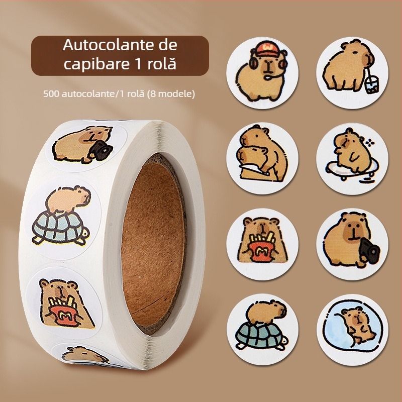 Stickere Capybara — aderență ridicată, fără reziduuri, pentru caietele școlare ale copiilor; stickere de recompensă și încurajare.