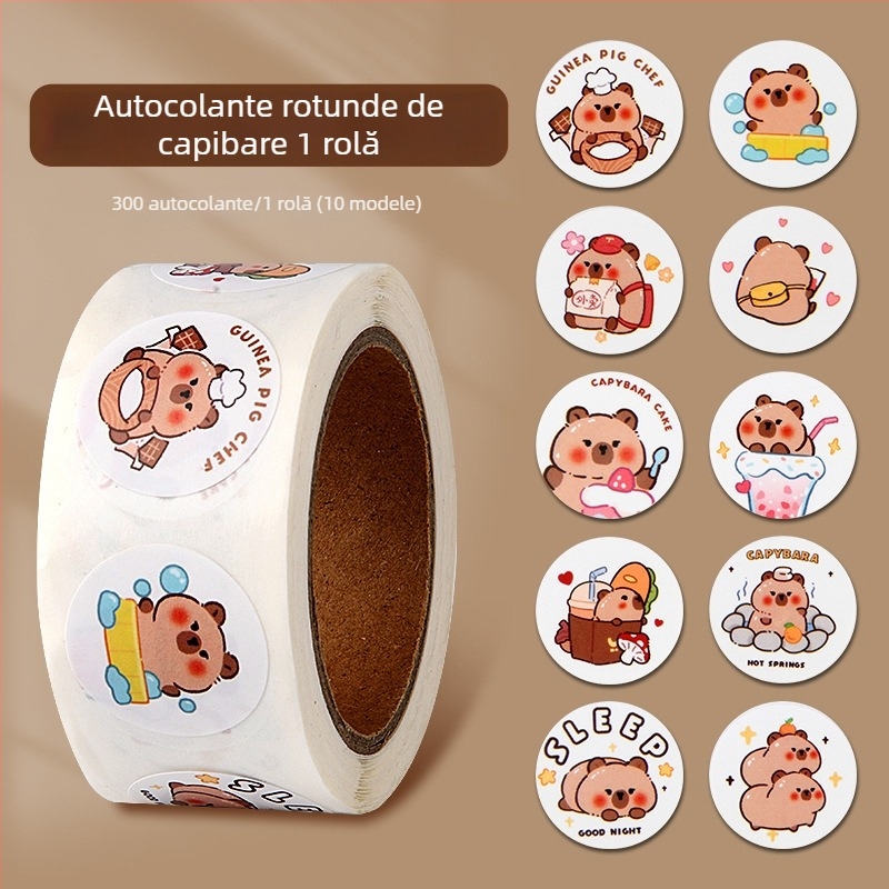 Stickere Capybara — aderență ridicată, fără reziduuri, pentru caietele școlare ale copiilor; stickere de recompensă și încurajare.