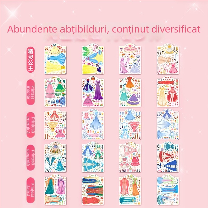 Carte cu stickere pentru îmbrăcat prințese, pentru fete între 3 și 6 ani, stickere drăguțe pentru garderobă, jucărie educativă cu pagini de machiaj