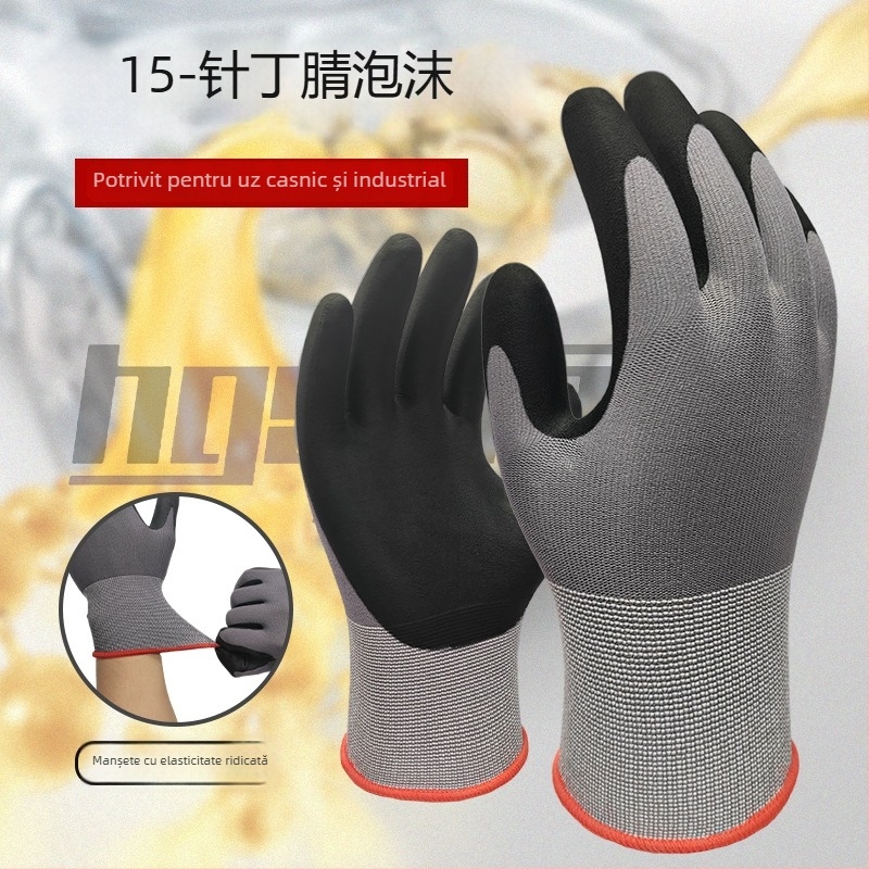 Mănuși din nylon 15G pentru protecție industrială, antiderapante, rezistente la abraziune și la ulei, palme cu spumă nitrilă, mănuși de lucru sigure, multifuncționale