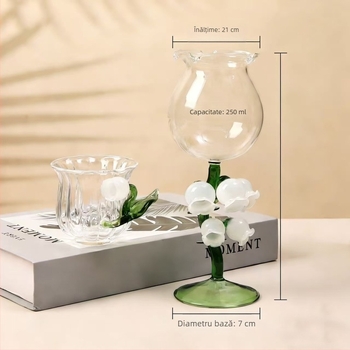 Pahar de vin în stil japonez Lily of the Valley, pahar Lily of the Valley, cadou de ziua de naștere, obiect decor ceremonial din sticlă, handmade, calitate superioară