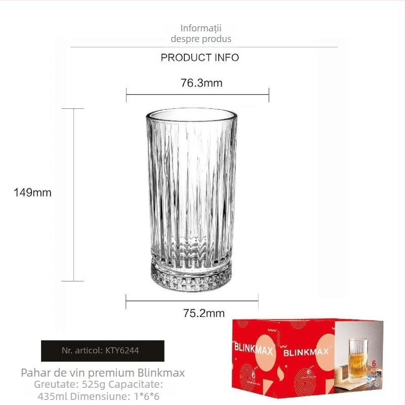 Pahar din sticlă în stil Ins, model cu diamant vertical, 300 ml, pentru whisky, bere și cocktailuri