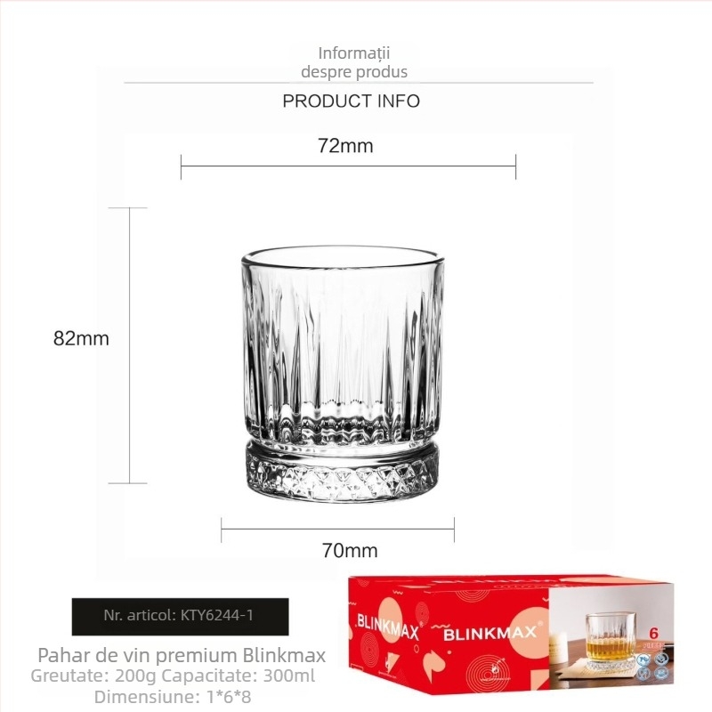 Pahar din sticlă în stil Ins, model cu diamant vertical, 300 ml, pentru whisky, bere și cocktailuri