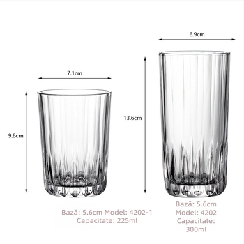 Ceașcă din sticlă rezistentă la temperaturi, corp drept și design transparent cu dungi, pentru ceai, lapte, suc, cafea sau vin; potrivită pentru micul dejun acasă.