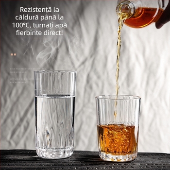 Ceașcă din sticlă rezistentă la temperaturi, corp drept și design transparent cu dungi, pentru ceai, lapte, suc, cafea sau vin; potrivită pentru micul dejun acasă.