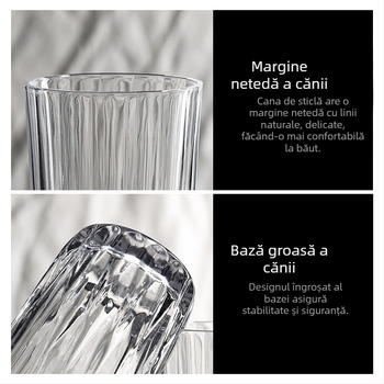 Ceașcă din sticlă rezistentă la temperaturi, corp drept și design transparent cu dungi, pentru ceai, lapte, suc, cafea sau vin; potrivită pentru micul dejun acasă.