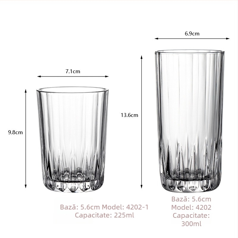 Ceașcă din sticlă rezistentă la temperaturi, corp drept și design transparent cu dungi, pentru ceai, lapte, suc, cafea sau vin; potrivită pentru micul dejun acasă.