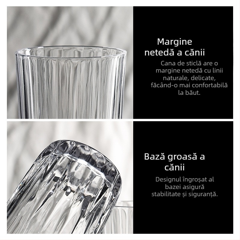 Ceașcă din sticlă rezistentă la temperaturi, corp drept și design transparent cu dungi, pentru ceai, lapte, suc, cafea sau vin; potrivită pentru micul dejun acasă.