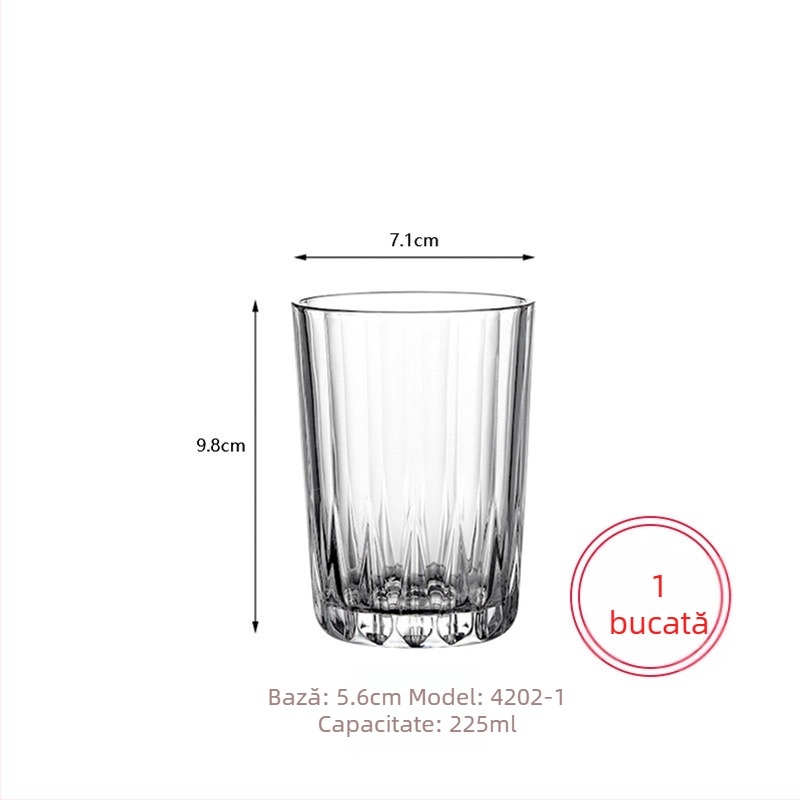 Ceașcă din sticlă rezistentă la temperaturi, corp drept și design transparent cu dungi, pentru ceai, lapte, suc, cafea sau vin; potrivită pentru micul dejun acasă.