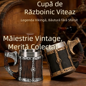 Cană de bere din oțel inoxidabil, cu design de butoi din lemn și mâner în formă de tomahawk, inspirație Viking, capacitate 401–500 ml