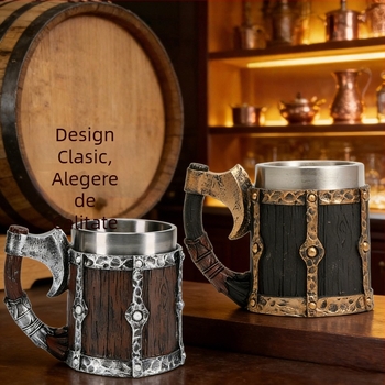 Cană de bere din oțel inoxidabil, cu design de butoi din lemn și mâner în formă de tomahawk, inspirație Viking, capacitate 401–500 ml
