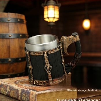 Cană de bere din oțel inoxidabil, cu design de butoi din lemn și mâner în formă de tomahawk, inspirație Viking, capacitate 401–500 ml