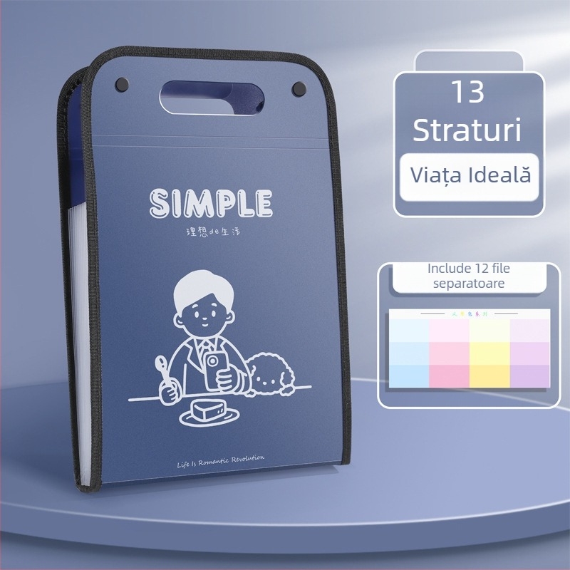 Mapă A4 cu capacitate mare, 13 compartimente verticale tip acordeon, organizator pentru documente și fișe de teste