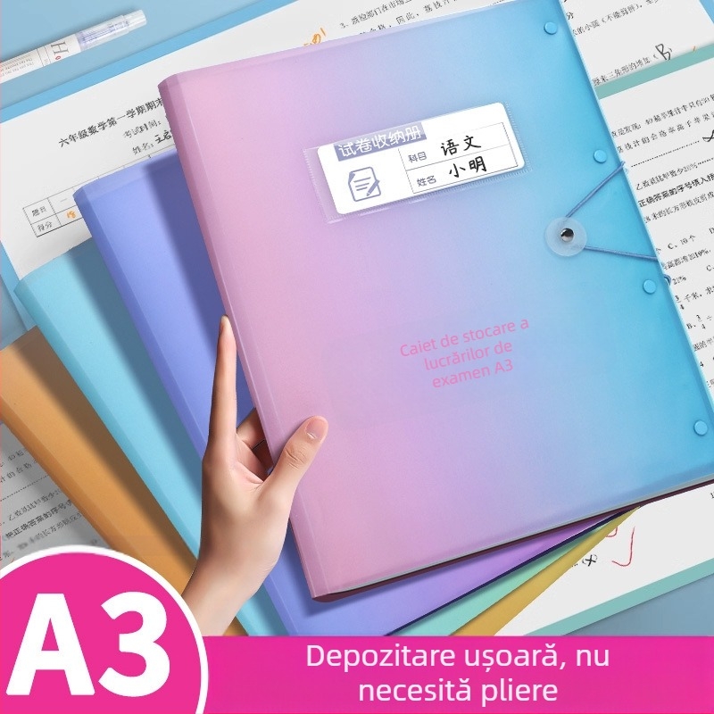 Carte de depozitare pentru lucrări de examen A3, cu buzunare transparente pentru elevi, capacitate mare