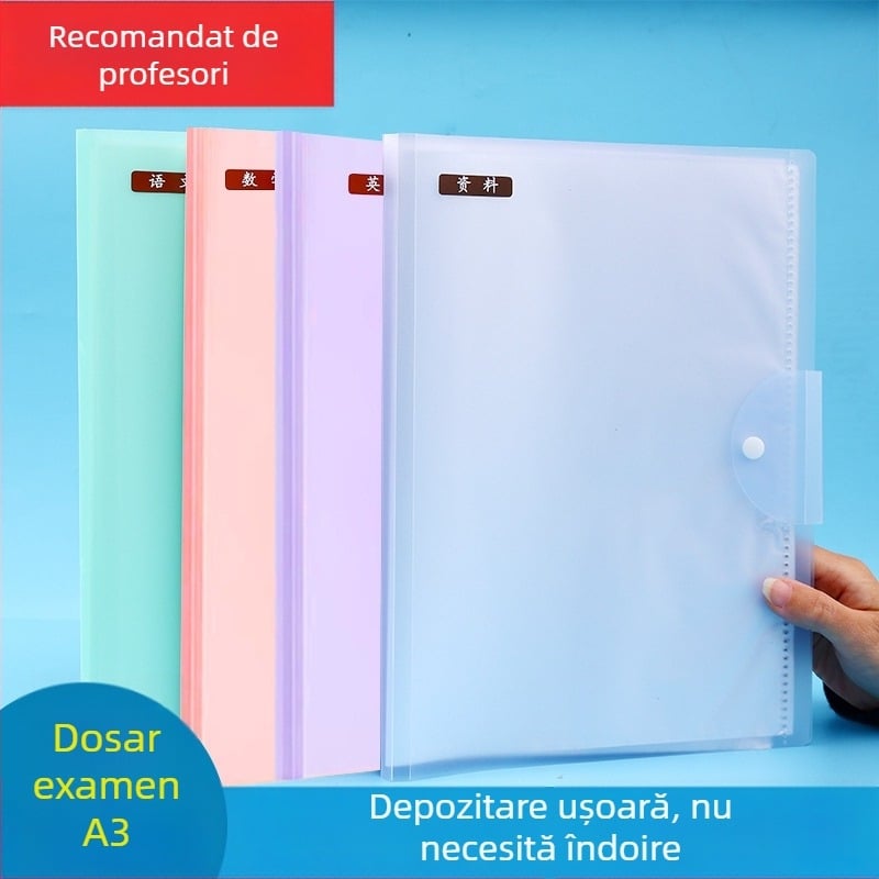 Mapă A3 pentru stocare lucrări de examen, dosar din plastic cu buzunare multiple pentru elevi