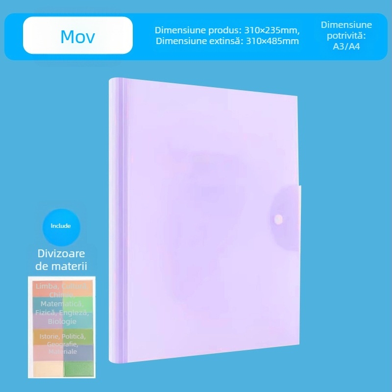 Mapă A3 pentru stocare lucrări de examen, dosar din plastic cu buzunare multiple pentru elevi